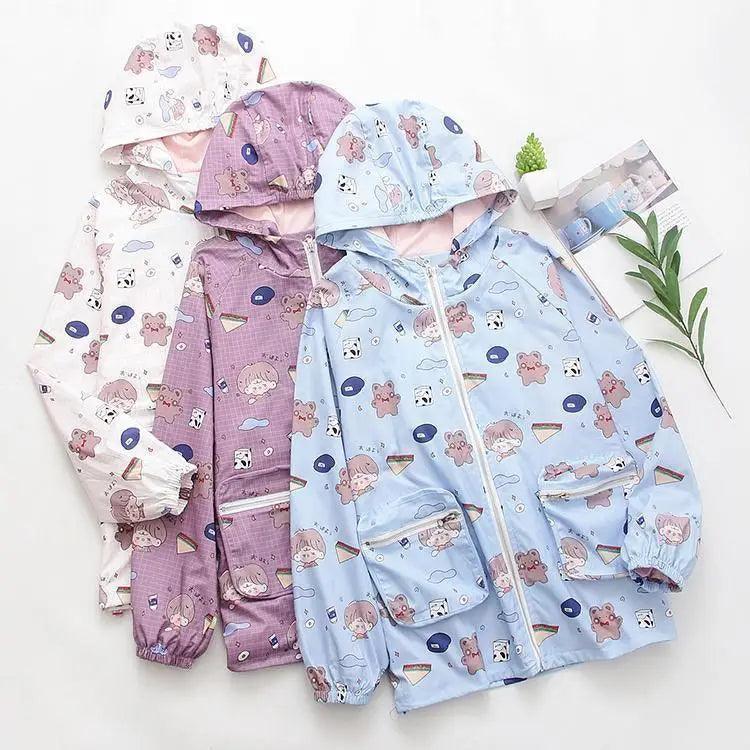 Big Girl Cute Printed Trench Coat Loose Hooded Jacket Notch Collar Jacket Peter Pan Collar Jacket Cowl Neck Jacket