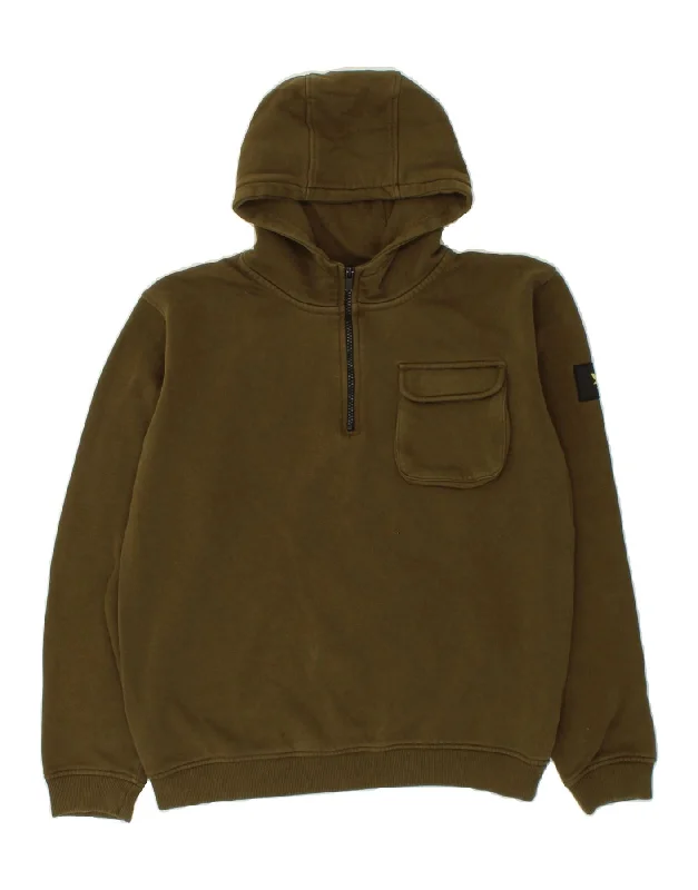 LYLE & SCOTT Boys Zip Neck Hoodie Jumper 15-16 Years Khaki Cotton Hoodie with Front Slit Layering Stylish