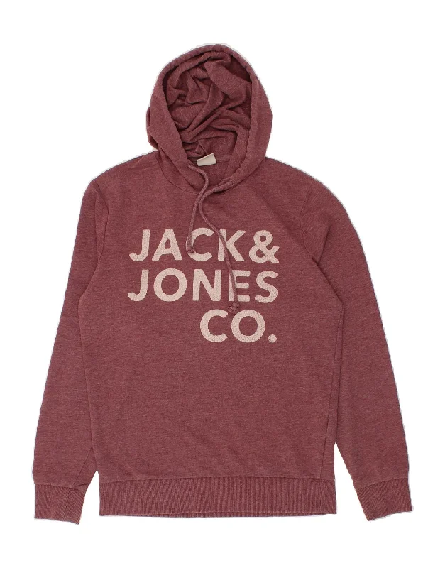 JACK & JONES Mens Graphic Hoodie Jumper Medium Maroon Cotton Hoodie with Hem Fringe Bohemian Relaxed