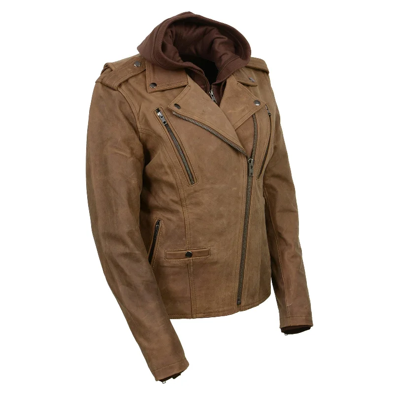 Milwaukee Leather MLL2511 Women's 'Damsel' Vintage Crazy Horse Brown Leather Jacket w/ Removable Hoodie Tailored Jacket Straight Jacket A-Line Jacket