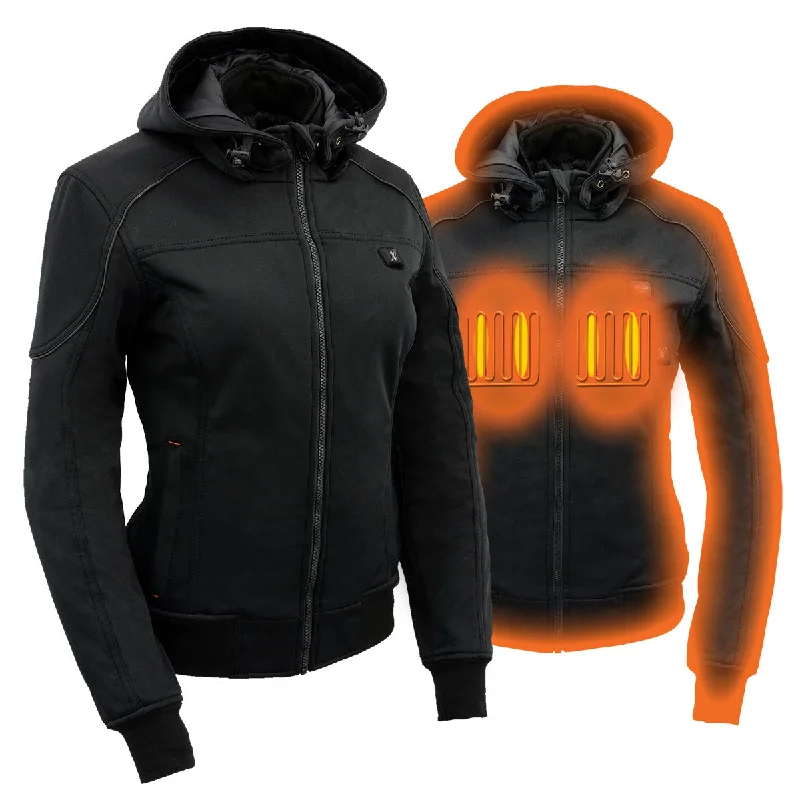 Nexgen Heat NXL2761SET Women’s Black 'Igniter' Heated Soft Shell Hooded Jacket (Rechargeable 10000mAh Battery Pack Included) Boat Neck Shawl Collar Notched Collar