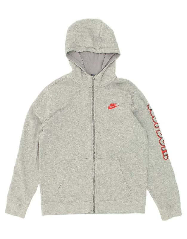 NIKE Boys Graphic Zip Hoodie Sweater 13-14 Years XL Grey Cotton Hoodie with Hem Lace Feminine Delicate