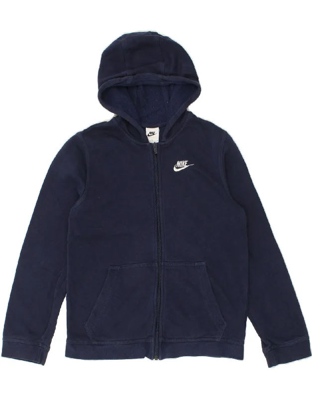 NIKE Boys Zip Hoodie Sweater 12-13 Years Large Navy Blue Cotton Hoodie with Elastic Waist Stretchable Comfortable