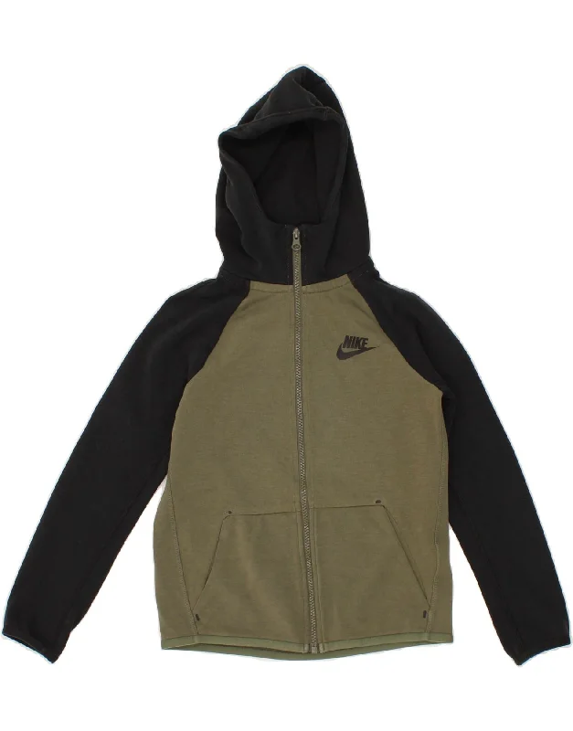 NIKE Boys Zip Hoodie Sweater 8-9 Years Small Khaki Colourblock Cotton Hoodie with Lining Warm Insulated