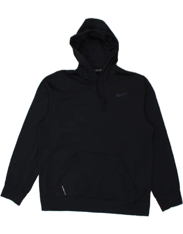 NIKE Mens Therma-Fit Hoodie Jumper Large Navy Blue Polyester Hoodie with Strings Custom Fit Adjustable