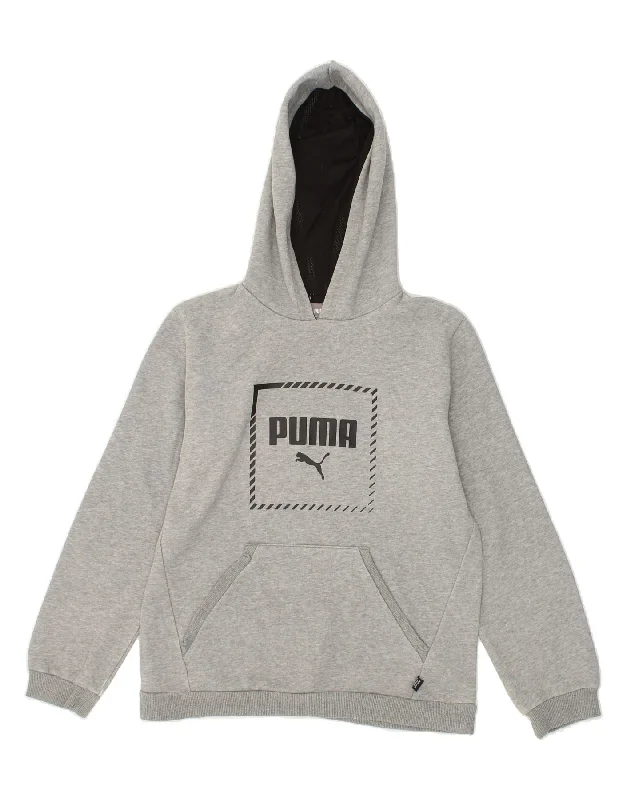 PUMA Boys Graphic Hoodie Jumper 13-14 Years Grey Cotton Hoodie with Drawcord Adjustable Secure