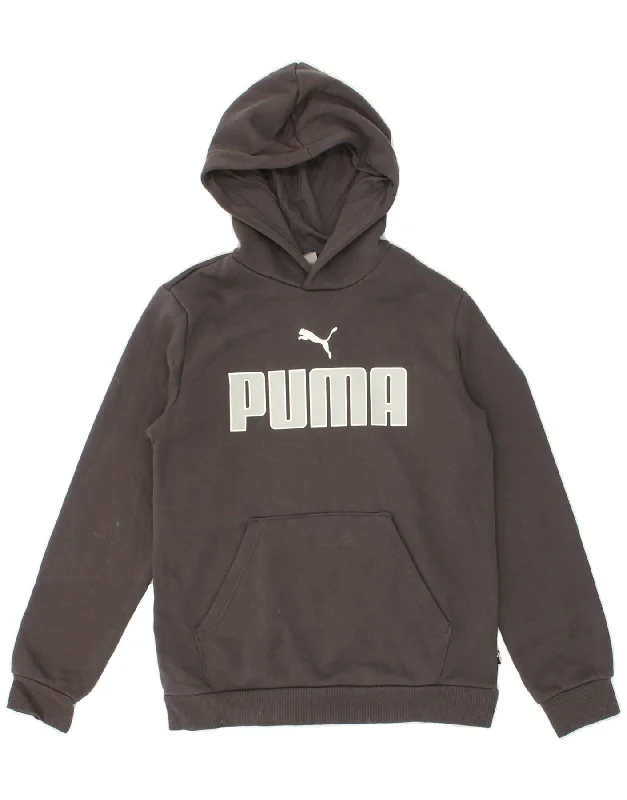 PUMA Boys Graphic Hoodie Jumper 13-14 Years XL Grey Cotton Hoodie with Side Slits Relaxed Casual