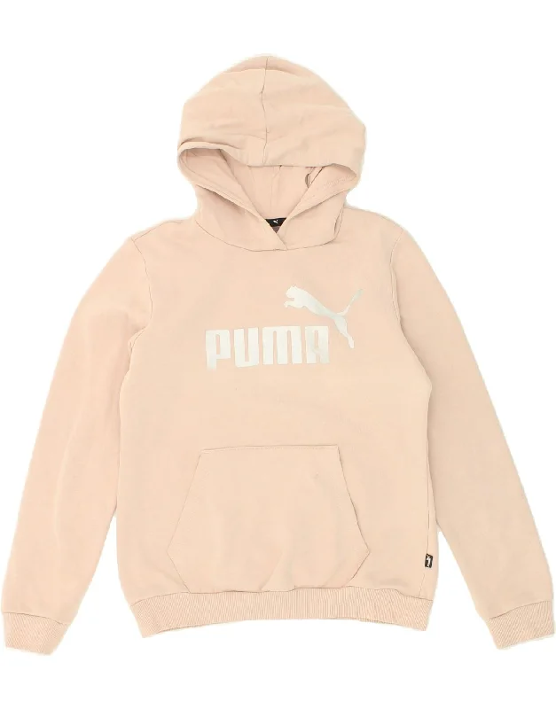 PUMA Girls Graphic Hoodie Jumper 13-14 Years Beige Hoodie with Hem Contrast Bold Stylish