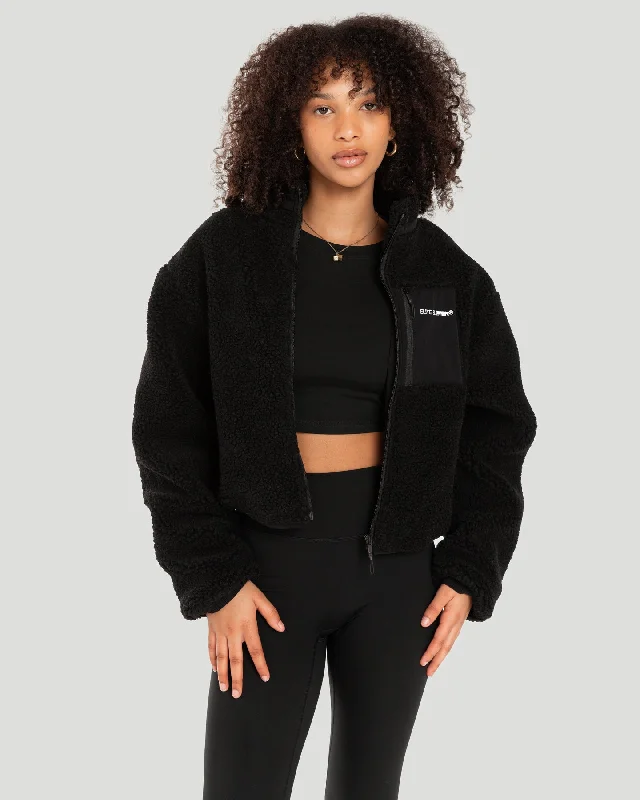 Registered Teddy Cropped Jacket - Black Zippered Jacket Buttoned Jacket Snapped Jacket