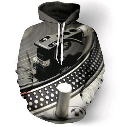 Retro Record Player Hoodie Hoodie with Batwing Sleeves Loose Dramatic