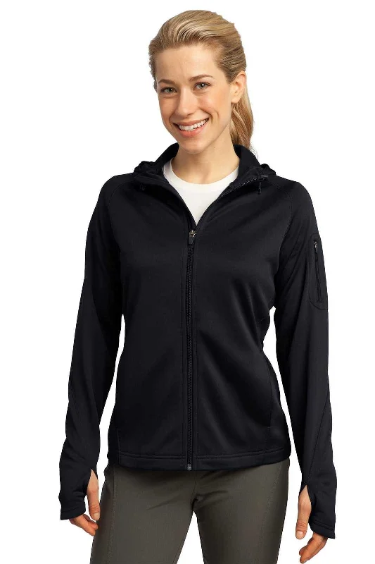 Sport-Tek L248 Ladies Tech Fleece Full-Zip Hooded Jacket - Black Bomber Jacket Anorak Windbreaker