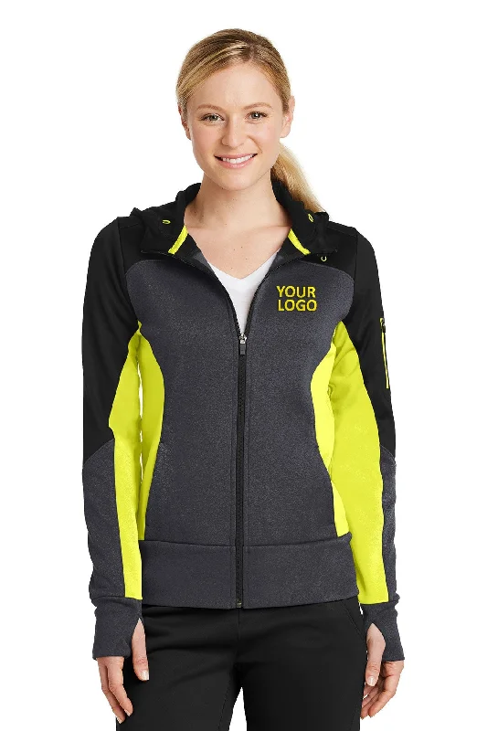 Sport-Tek Ladies Tech Fleece Colorblock Branded Full-Zip Hooded Jackets, Black/ Graphite Heather/ Citron Ribbed Jacket Pleated Jacket Ruffled Jacket