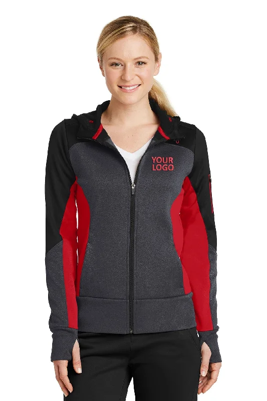 Sport-Tek Ladies Tech Fleece Colorblock Branded Full-Zip Hooded Jackets, Black/ Graphite Heather/ True Red Tiered Jacket Buttoned Jacket Zippered Jacket