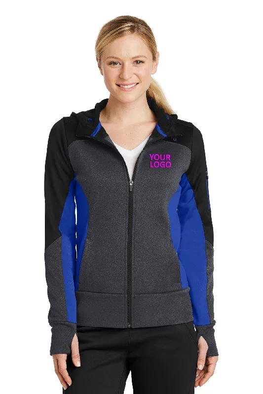 Sport-Tek Ladies Tech Fleece Colorblock Customized Full-Zip Hooded Jackets, Black/ Graphite Heather/ True Royal Belted Jacket Elasticated Jacket Padded Jacket