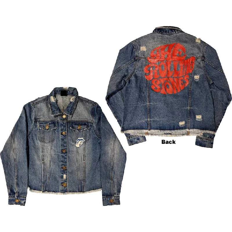 The Rolling Stones Script Ladies Denim Jacket Notch Collar Peter Pan Collar Cowl Neck