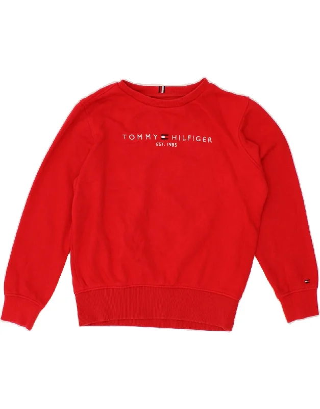 TOMMY HILFIGER Girls Graphic Sweatshirt Jumper 10-11 Years Red Cotton Hoodie with Color Block Contrast Stylish