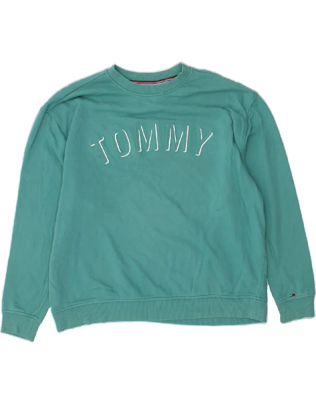 TOMMY HILFIGER Womens Oversized Sweatshirt Jumper UK 14 Medium Turquoise Hoodie with Cuffed Sleeves Snug Secure