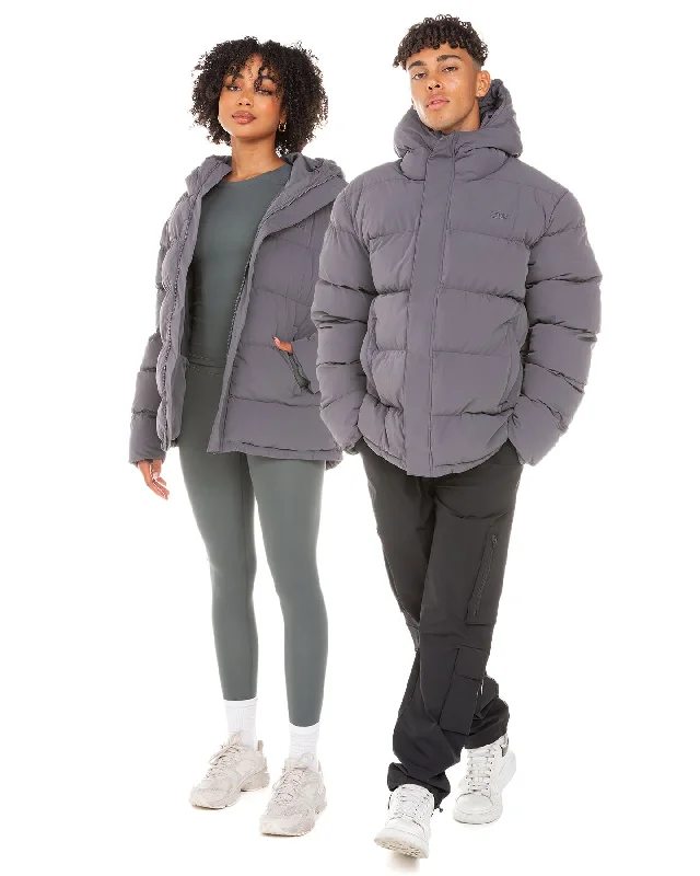 Unisex Puffer Jacket - Grey Boat Neck Shawl Collar Notched Collar