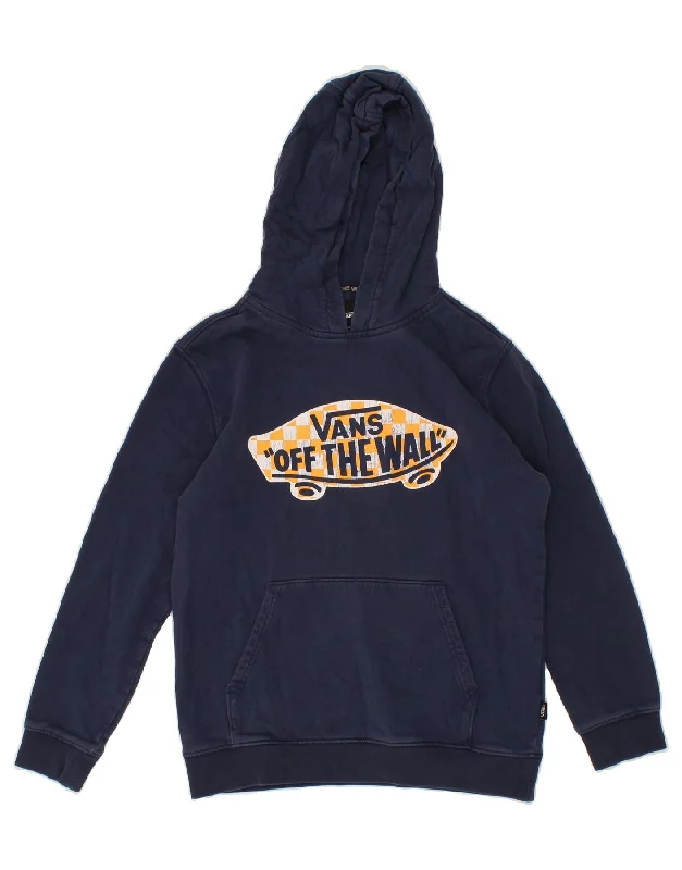 VANS Womens Graphic Hoodie Jumper UK 14 Large Navy Blue Cotton Hoodie with Puffed Sleeves Voluminous Trendy