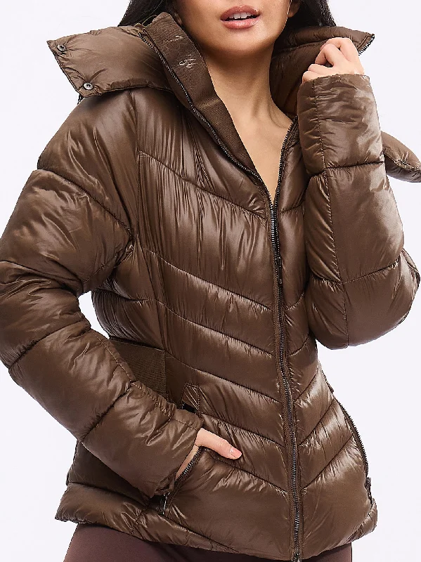 Waist Taper Puffer Jacket - Dark Brown One-Shoulder Jacket Off-the-Shoulder Jacket Asymmetrical Jacket