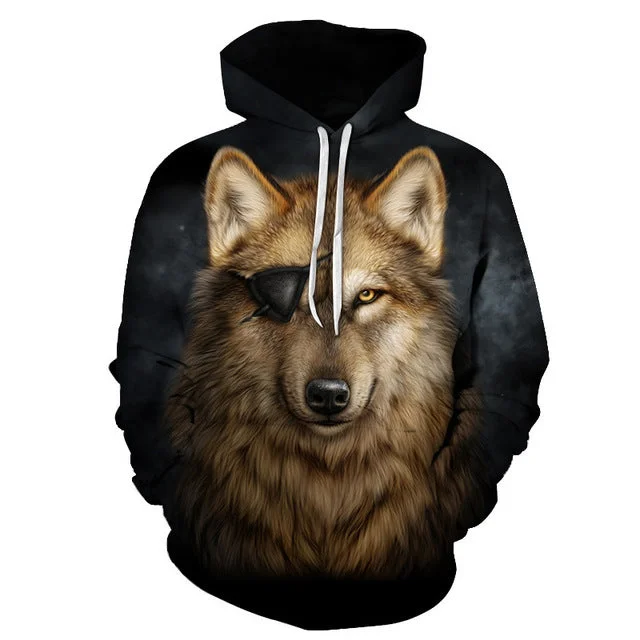 Wolf Eye Patch Hoodie Hoodie with Hem Fringe Bohemian Relaxed