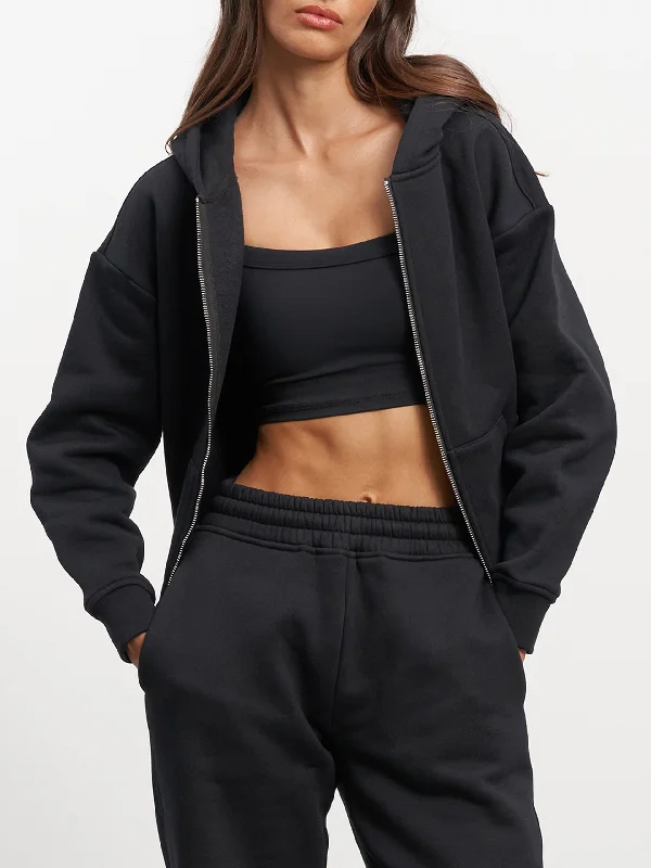 Womens Relaxed Zip Hoodie in Black Hoodie with Relaxed Fit Easy Casual