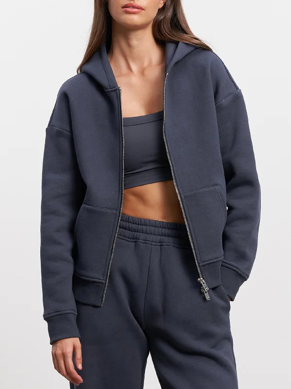 Womens Relaxed Zip Hoodie in Slate Blue Hoodie with Hem Elastic Stretchable Comfortable