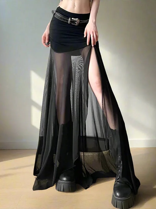 High Waist Mesh Black Maxi Skirt elastic waist skirt