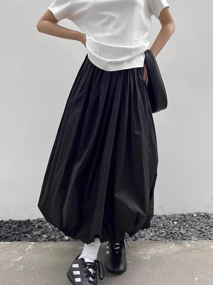 Long Skirt Women Elegant Solid Elastic Waist A-line Vintage Korean Fashion Loose Balloon Maxi Skirt Casual Streetwear chiffon skirt delicate