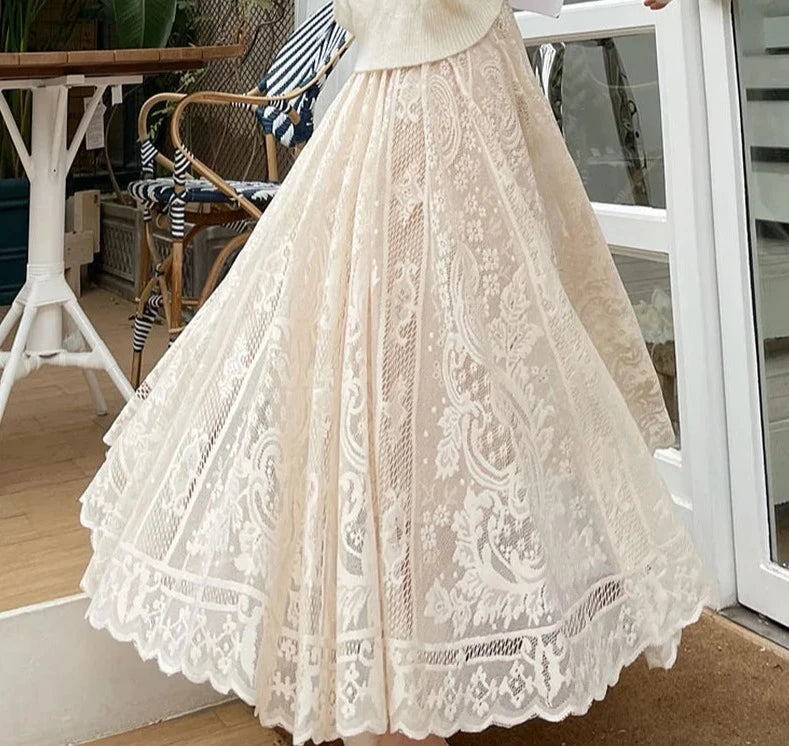 Long Maxi Skirts For Women Spring Summer Korean Cute Princess Style Elastic High Waisted A-Line Floral Lace Skirt White Black cashmere skirt fine