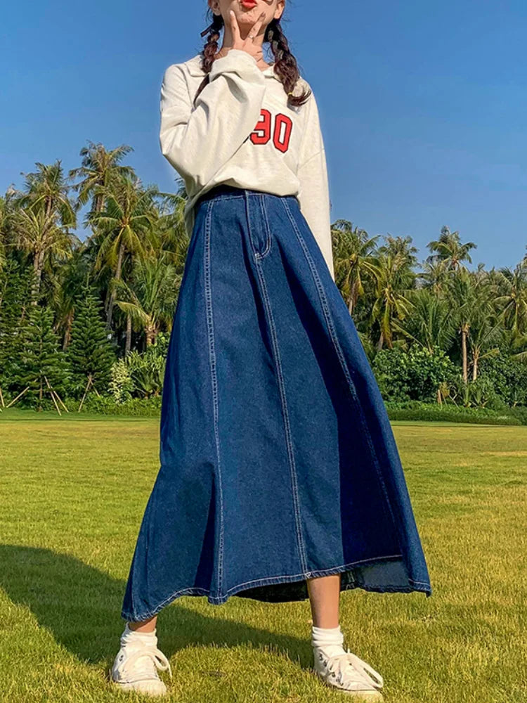 Maxi Long Skirts Women Spring Summer Casual High Waisted Jean Skirt Ladies Splicing A-Line Ruffle Denim Skirt Plus Size  5XL 6XL casual skirt length