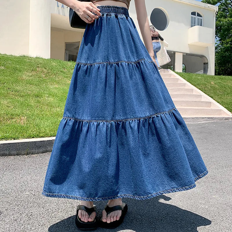 Maxi Long Skirts Women Spring Summer Elastic High Waist Jean Skirt Ladies Splicing A-Line Ruffle Pleated Denim Skirt Plus Size velvet skirt luxurious