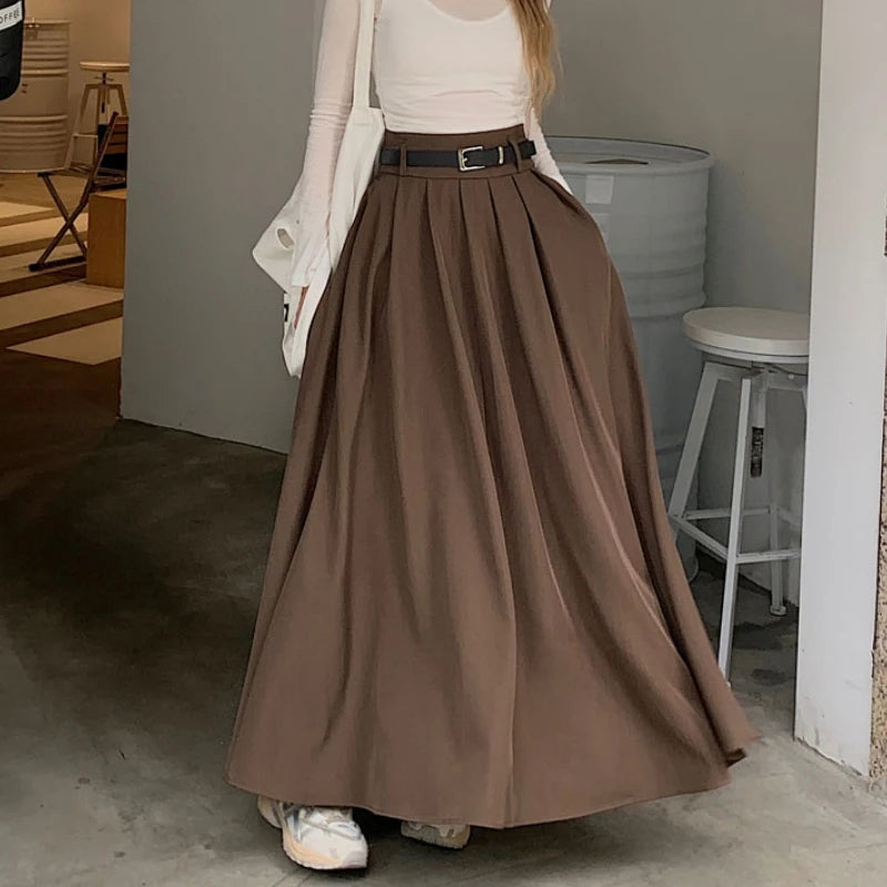 Grey Midi Long Skirts Womens Maxi Skirt Autumn Winter Suit Skirt Goth Lolita High Waist Ruffle Pleated Skirts wool skirt breathable