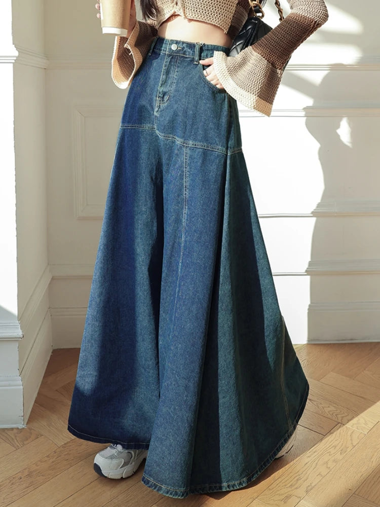 Maxi Long Skirts Women Korean Vintage Autumn Winter High Waist Jean Skirt Ladies A-Line Ruffle Pleated Denim Skirt corduroy skirt comfortable