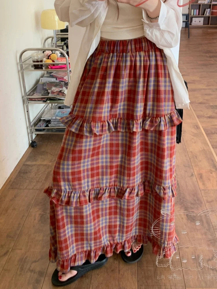 Midi Long Skirts Womens Maxi Skirt Goth Lolita Spring Summer High Waist High Low Ruched Ruffle Red Plaid Skirt rok silk skirt lustrous