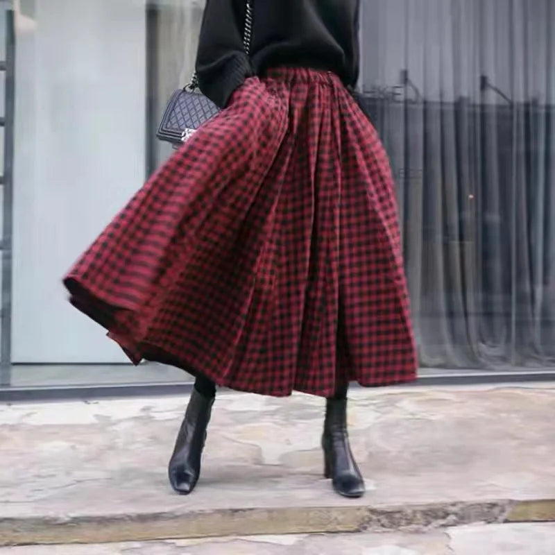 Plaid Midi Long Skirt Womens Maxi Skirt Korean Vintage Summer Pockets Deisgn High Waisted Cotton Skirts rok denim skirt fashionable