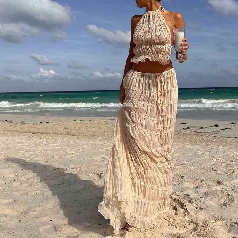 Women Boho Sexy Backless Matching Suit 2 Piece Beach Holiday Outfits Vintage Ruched Halter Cami Tops + Maxi Long Skirt Party denim skirt trendy