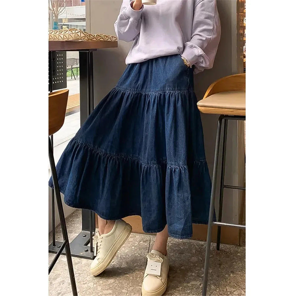 Women Plus Size 5xl Denim Skirt Maxi Long Jeans Skirts Girls Pleated Korean Fashion Clothing Harajuku Mujer Faldas Blue Vintage lace skirt romantic