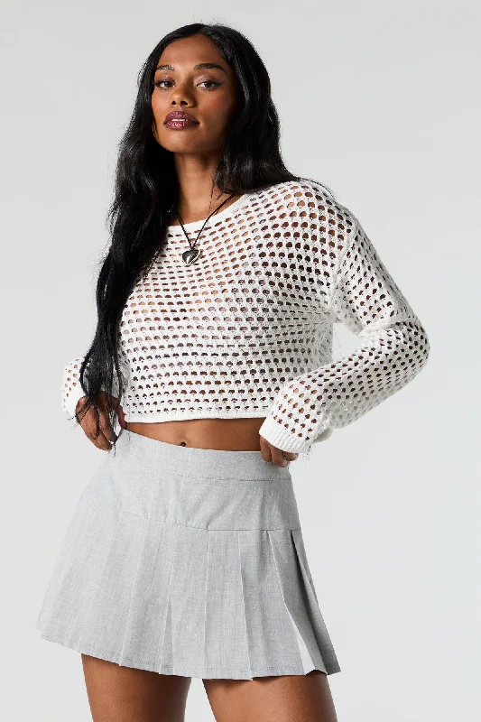 Crochet Open Knit Cropped Sweater Houndstooth Herringbone Solid