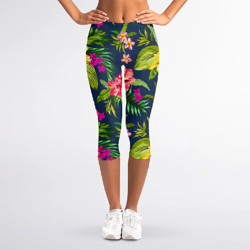 Aloha Hawaiian Flowers Pattern Print Women's Capri Leggings Trendy Cut-Out Activewear Leggings