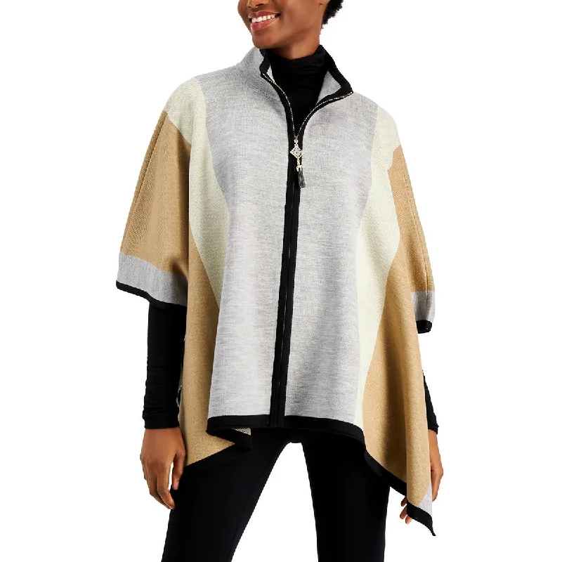 Anne Klein Womens Zip Front Colorblock Poncho Sweater Jersey Fabric Tulle Fabric Batik Fabric