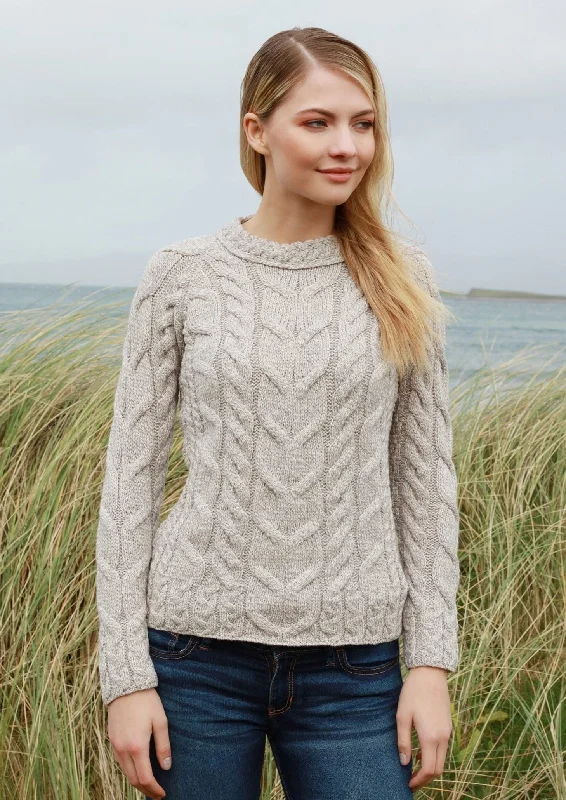 Listowel Ladies Aran Cabled Sweater | Oatmeal Turtle Neck Boat Neck Asymmetrical Neck