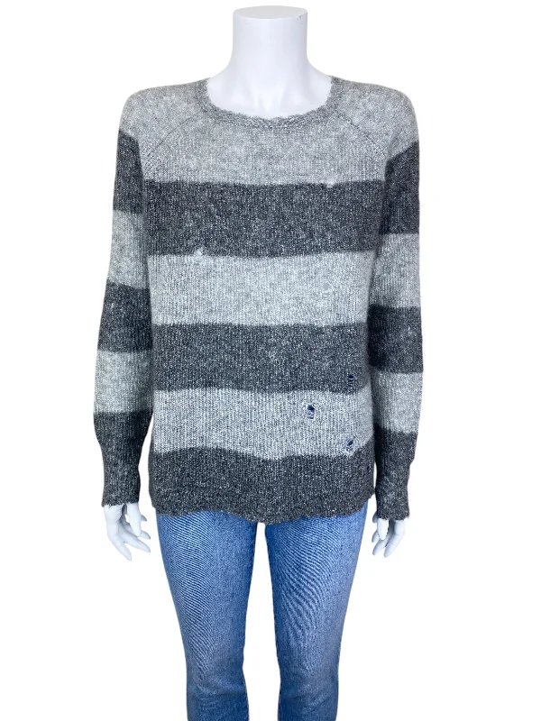 Autumn Cashmere Women's Distressed Cashmere Silk Stripe Sweater Grey Heather Size M Cable Knit Ribbed Knit Lace Knit