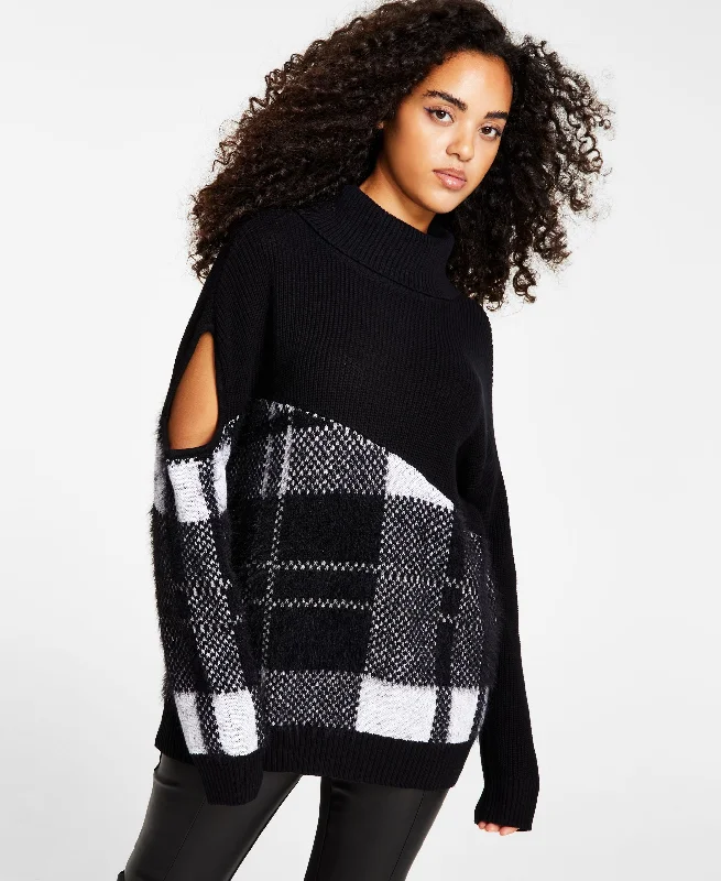 Bar III Plaid Cutout Turtleneck Sweater Chenille Blend Fleece Blend Nylon Blend