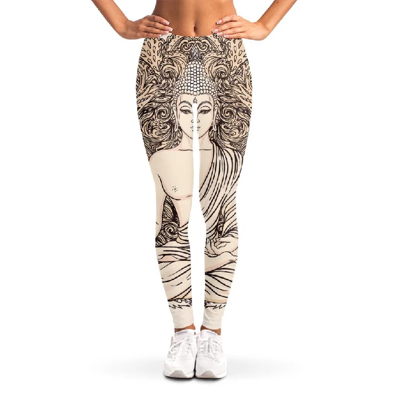 Beige Buddha Mandala Print Women's Leggings Elegant Black Leggings