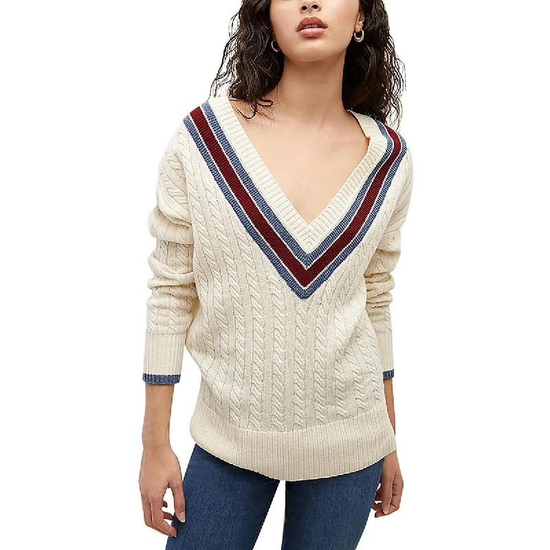 Womens Cable-Knit Ribbed Trim V-Neck Sweater Striped Floral Plaid