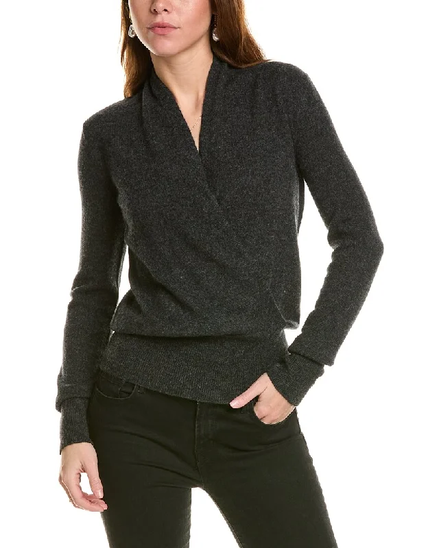 Sofiacashmere Modern Faux Wrap Cashmere Sweater Glossy Satin Silk