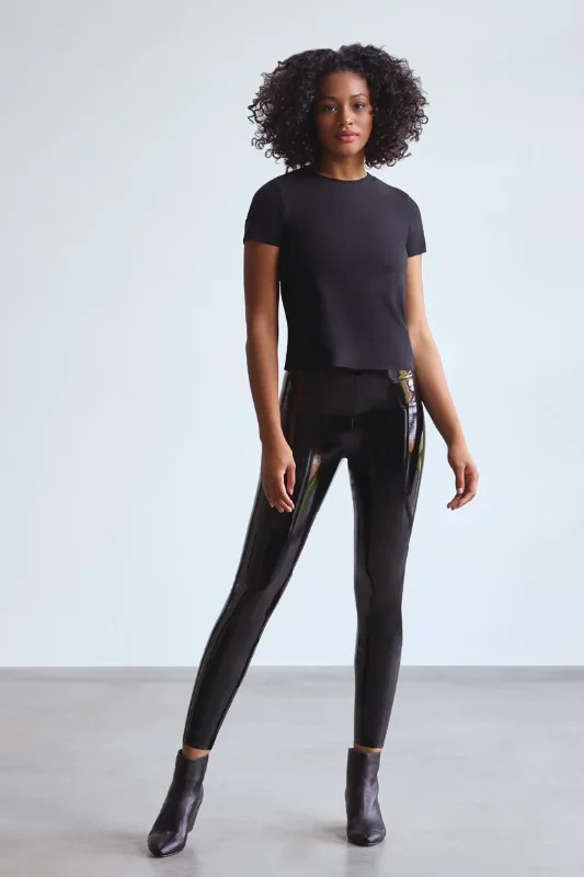 Black Faux Patent Leather Legging Cozy Textured Workout Leggings