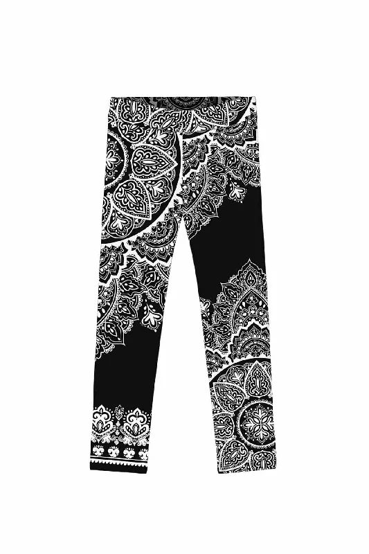 Black Nirvana Lucy White Geometric Boho Print Trendy Leggings - Kids Comfortable Workout Fitness Leggings