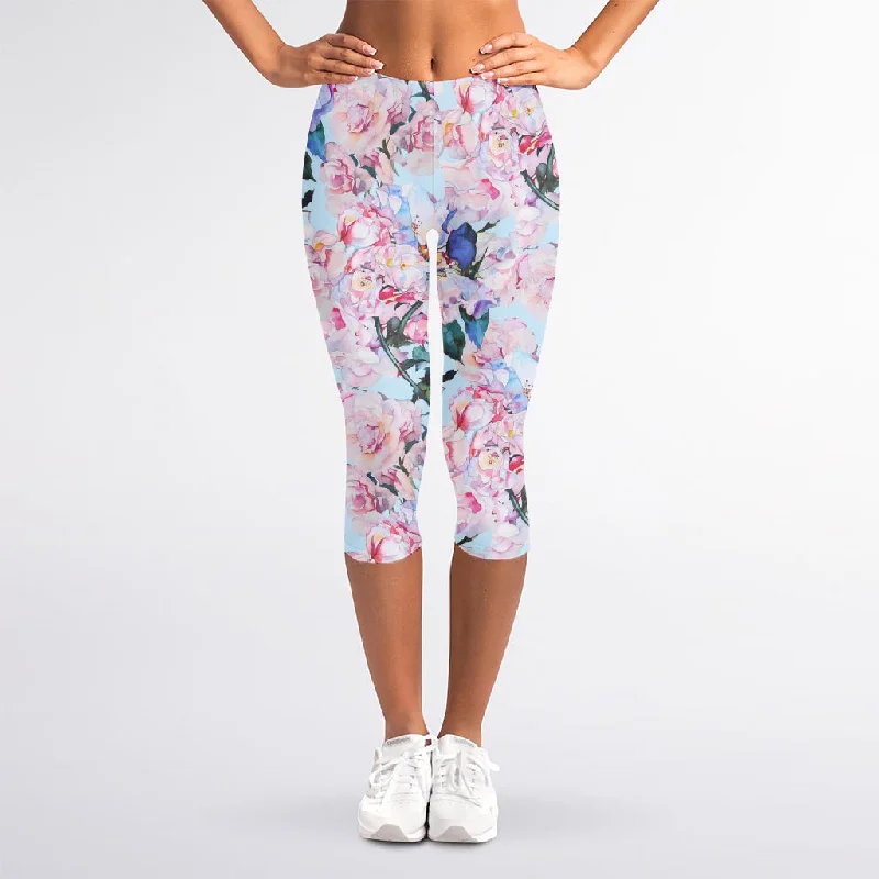 Blossom Floral Flower Pattern Print Women's Capri Leggings Comfortable Bootcut Workout Leggings